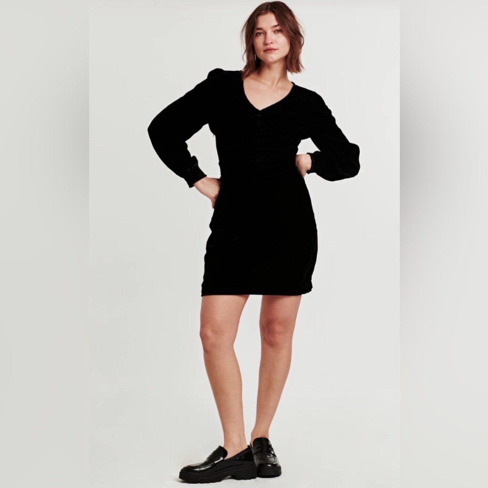 Dear John KENZIE RUCHED DRESS BLACK VELVET Medium Velour Mini Dress
